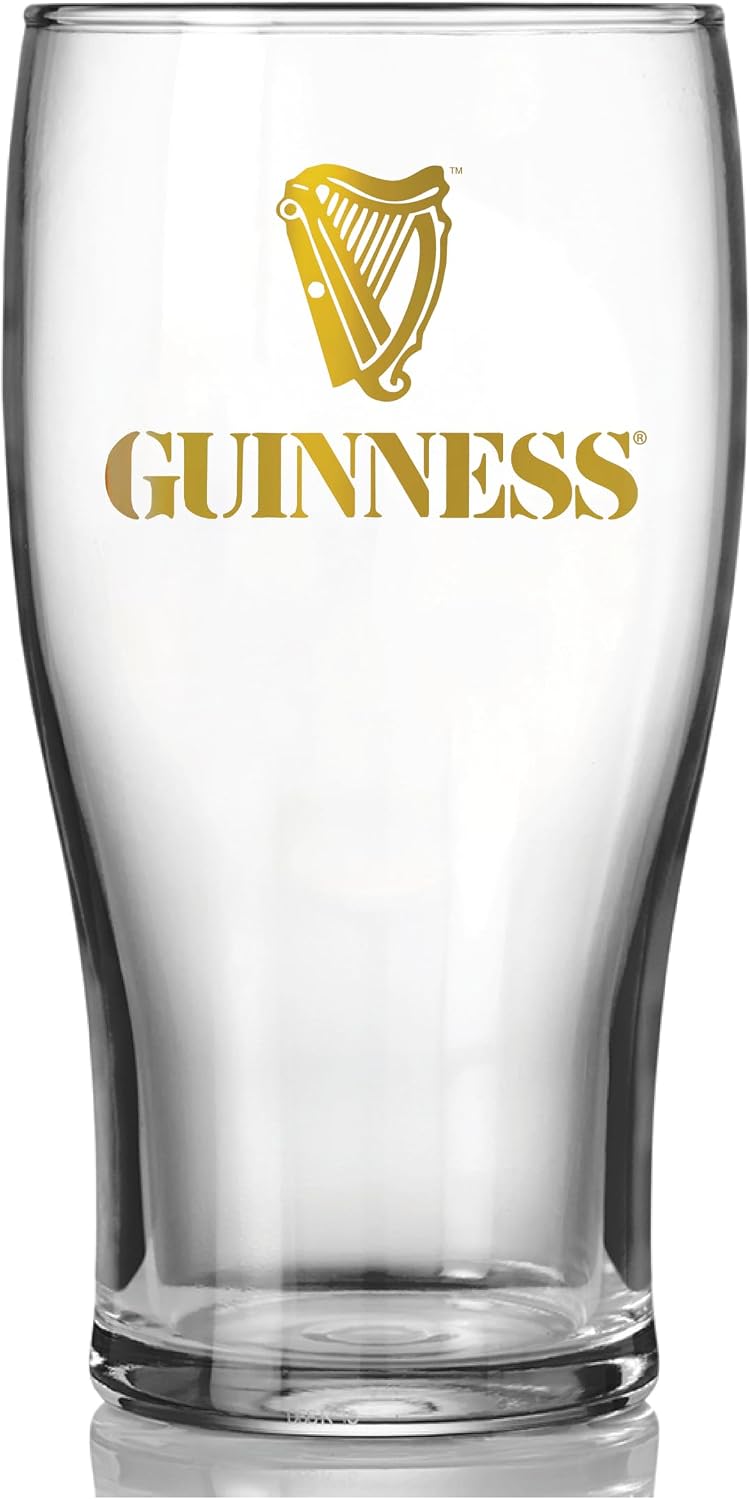 The Guinness Mixed Pint Glass Gift Set from Guinness Webstore US features a clear glass with a gold harp—ideal for Irish beer fans and collectors.