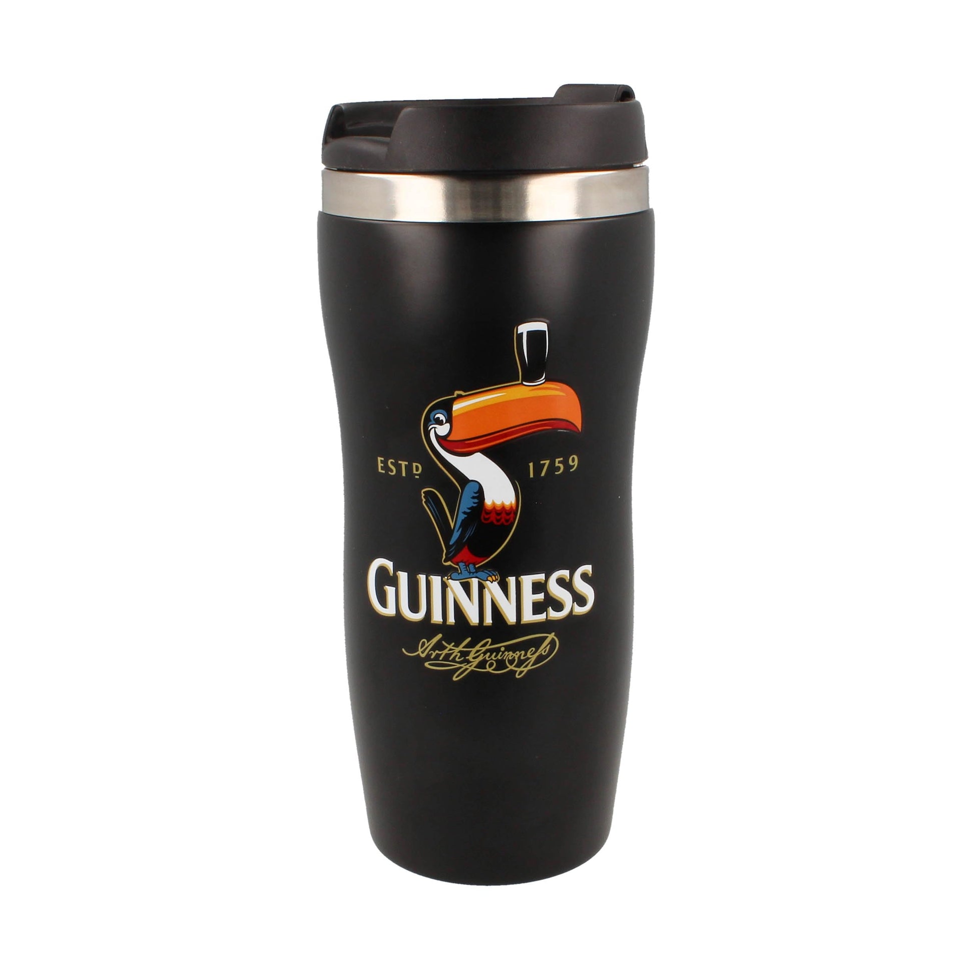 The Guinness Toucan Travel Mug by Guinness US is your perfect travel companion, featuring a black, insulated design with a colorful toucan balancing a pint on its beak. "Guinness" and "Estp 1759" are elegantly printed in white.