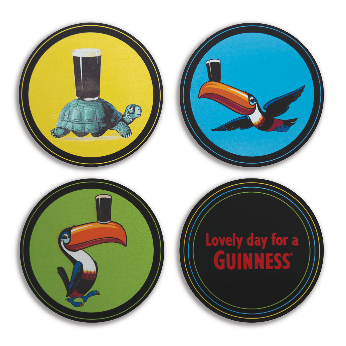 Guinness Ultimate Toucan Home Bar Pack coasters - set of 4. Perfect bar gift for Guinness enthusiasts, these coasters are great merchandise showcasing the iconic Guinness brand. The SEO keywords for this product are "Guinness" and "Guinness Ultimate Toucan Home Bar Pack".