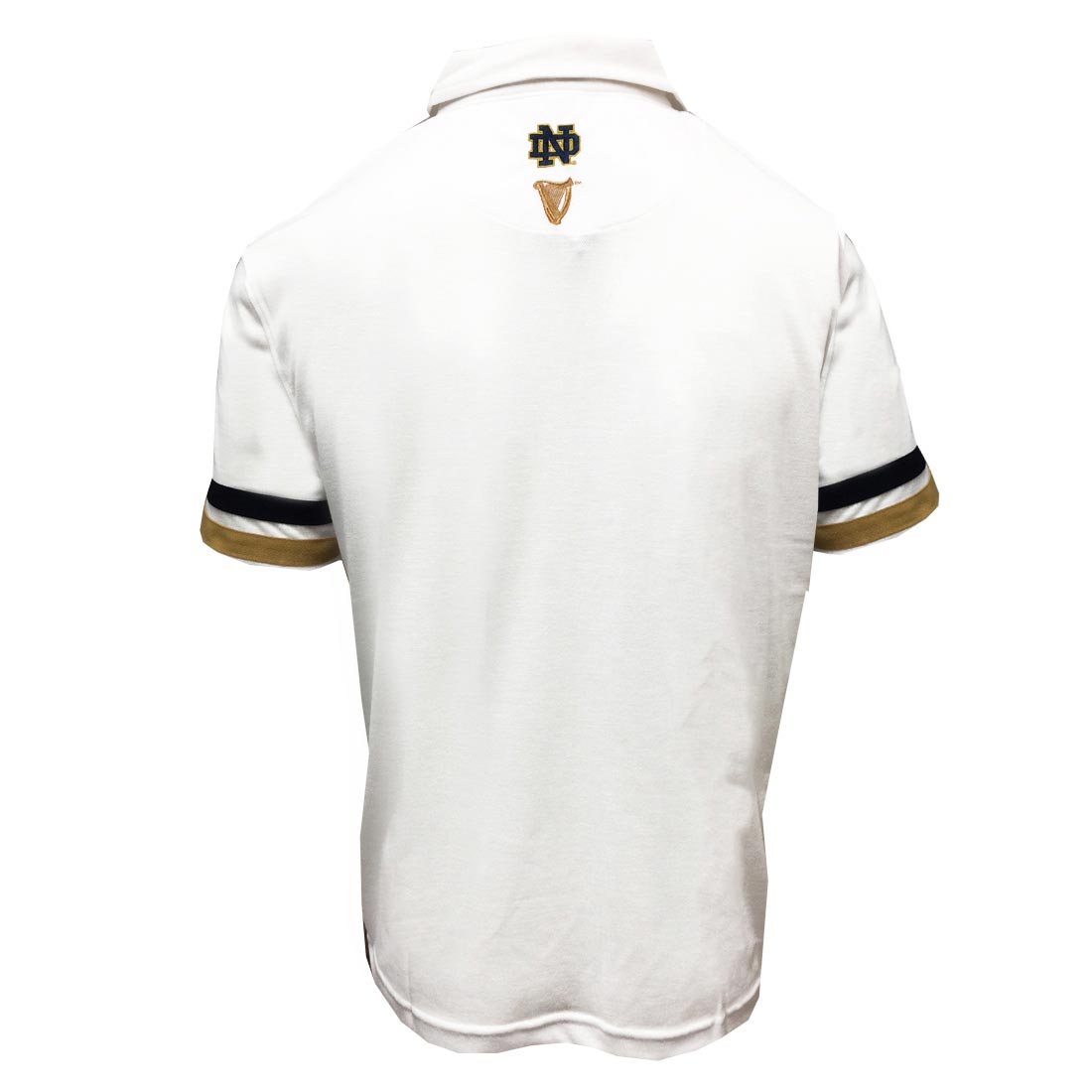 The back of a Guinness Notre Dame Performance Polo Shirt White with gold trim representing Notre Dame.