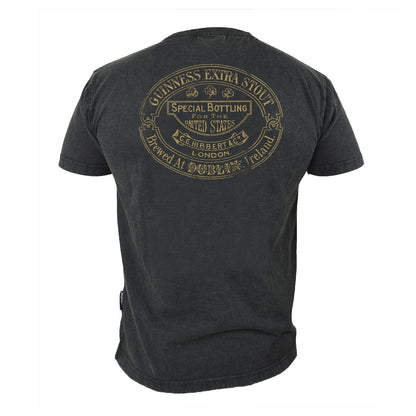The back of a black Guinness® Distressed Trademark Label T-Shirt featuring a gold Guinness logo and distressed trademark label.