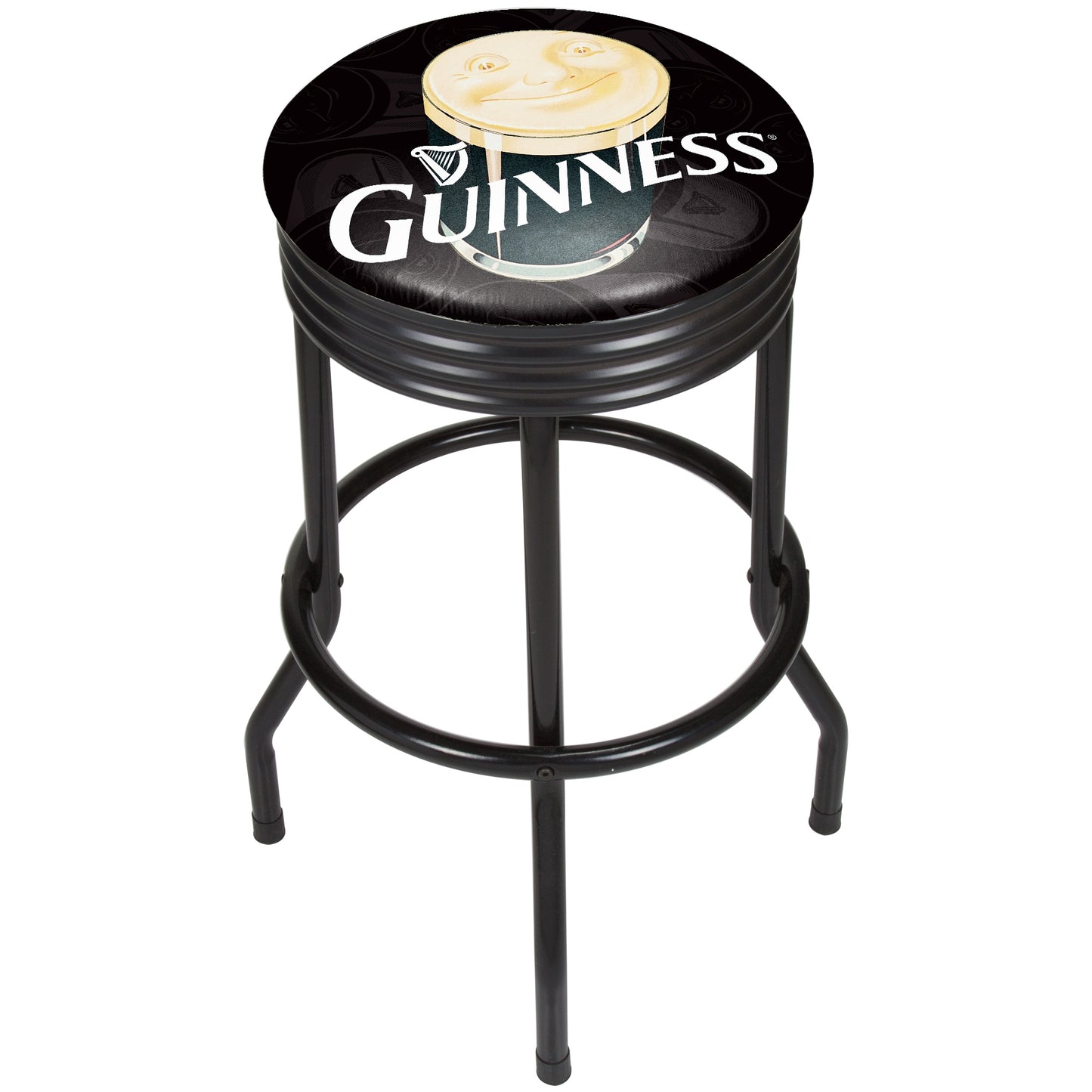 A comfortable Guinness® brand bar stool with a black ribbed swivel seat, featuring a Smiling Pint on it.