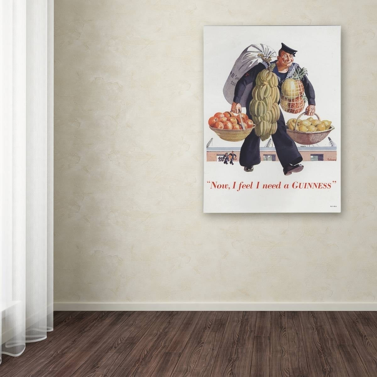 A Guinness Brewery 'Now I Feel I Need A Guinness' canvas art portraying a man carrying fruit in a room.