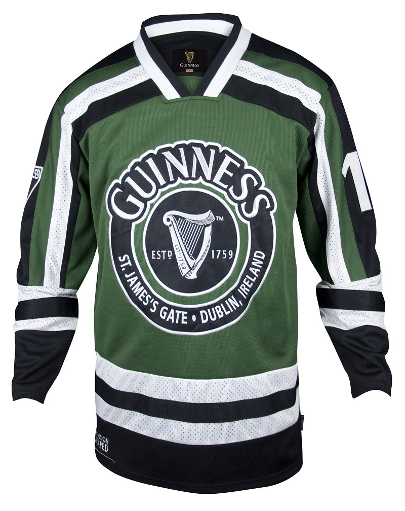 The Green & White Hockey Jersey, featuring the iconic Guinness harp logo, is a striking combination of green and black.