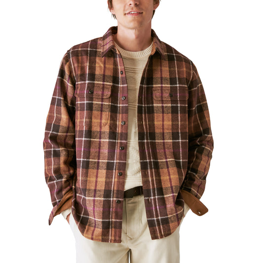 Guinness Wool Plaid Over Shirt With Elbow Patch - Brown Plaid