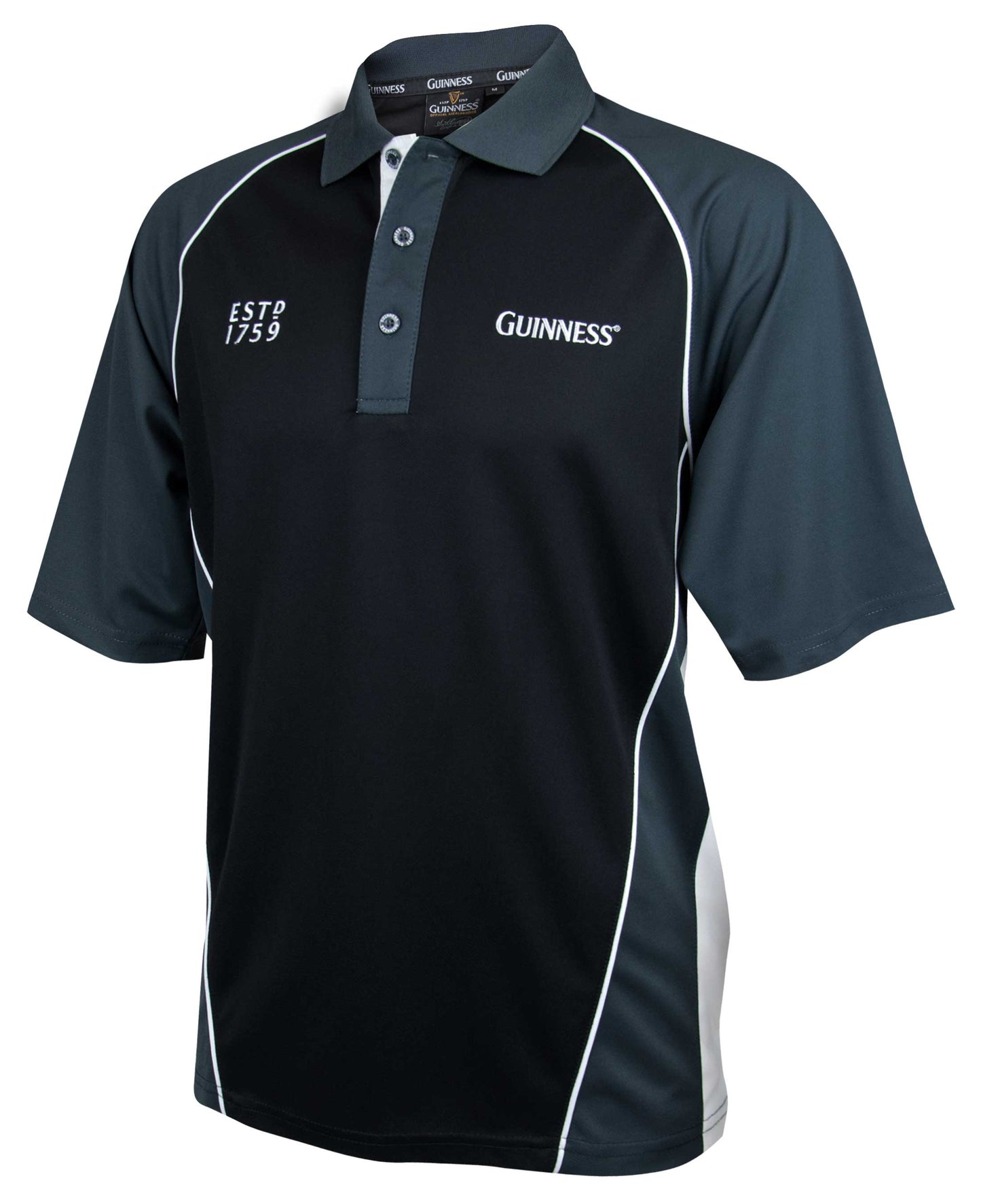 A black and white Guinness Performance Golf Shirt with the embroidered Guinness logo.