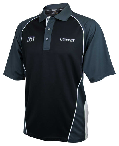 A black and white Guinness Performance Golf Shirt with the word Guinness on it, made with moisture wicking fabric for improved performance.