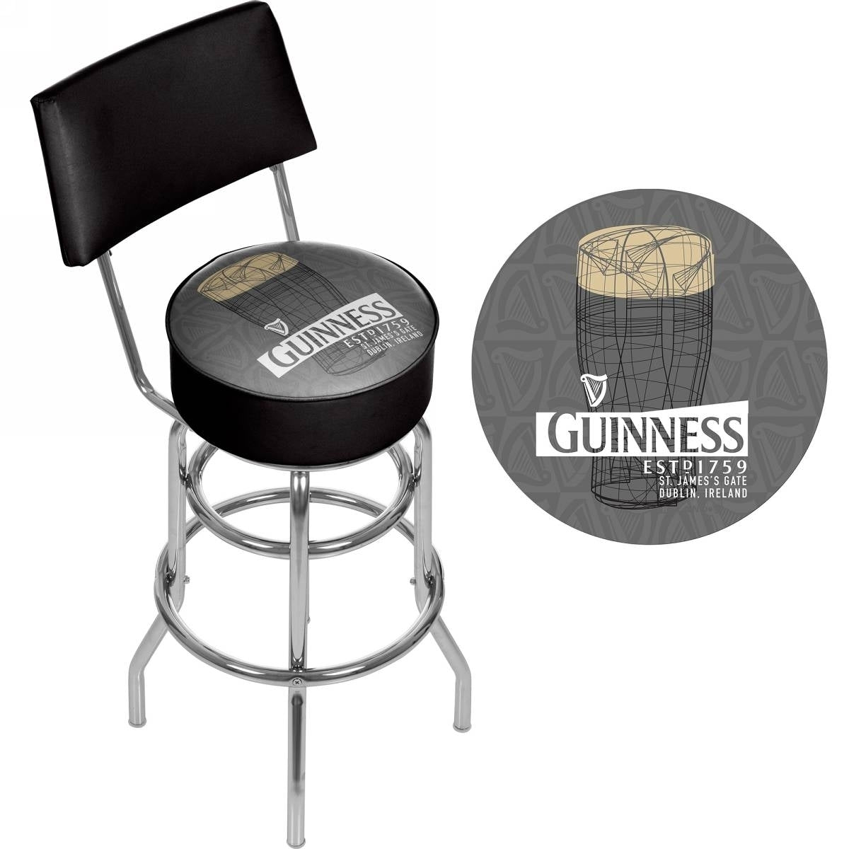 Product Description: This Guinness Swivel Bar Stool with Back - Line Art Pint is the perfect addition to any home or establishment. With its swivel function, it allows for easy movement and comfort. The stool features a classic black design with the Guinness branding.
Brand Name: Guinness