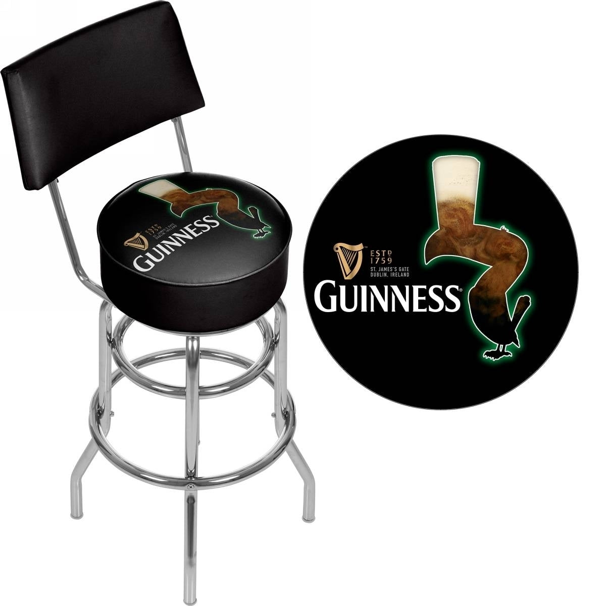 Officially Licensed Guinness Swivel Bar Stool with Back - Feathering for your Game Room.