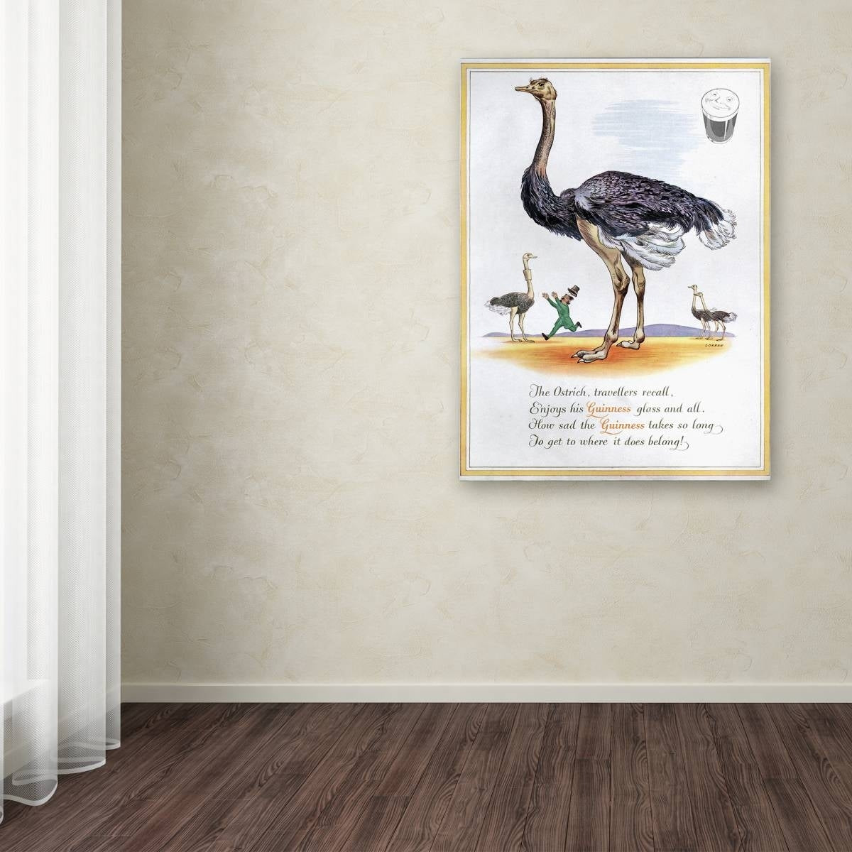A Guinness Brewery 'Guinness Ostrich' Canvas Art is gracefully standing in front of a captivating wall art in a room.