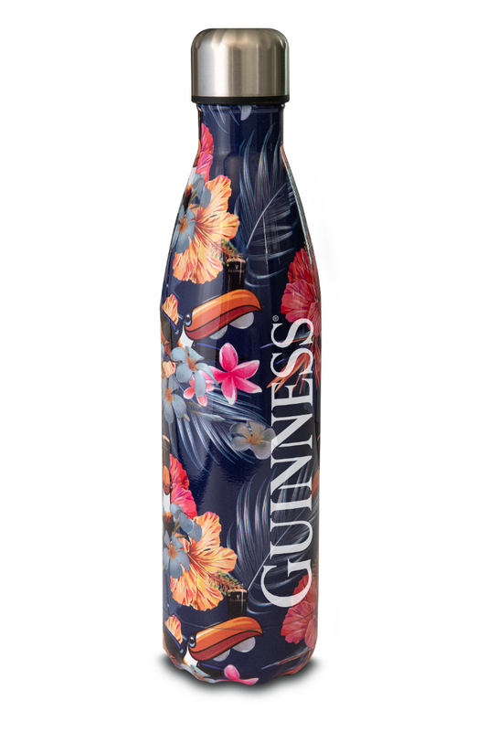 Reusable Guinness Toucan Hawaiian Water Bottle with hawaiian hibiscus design.