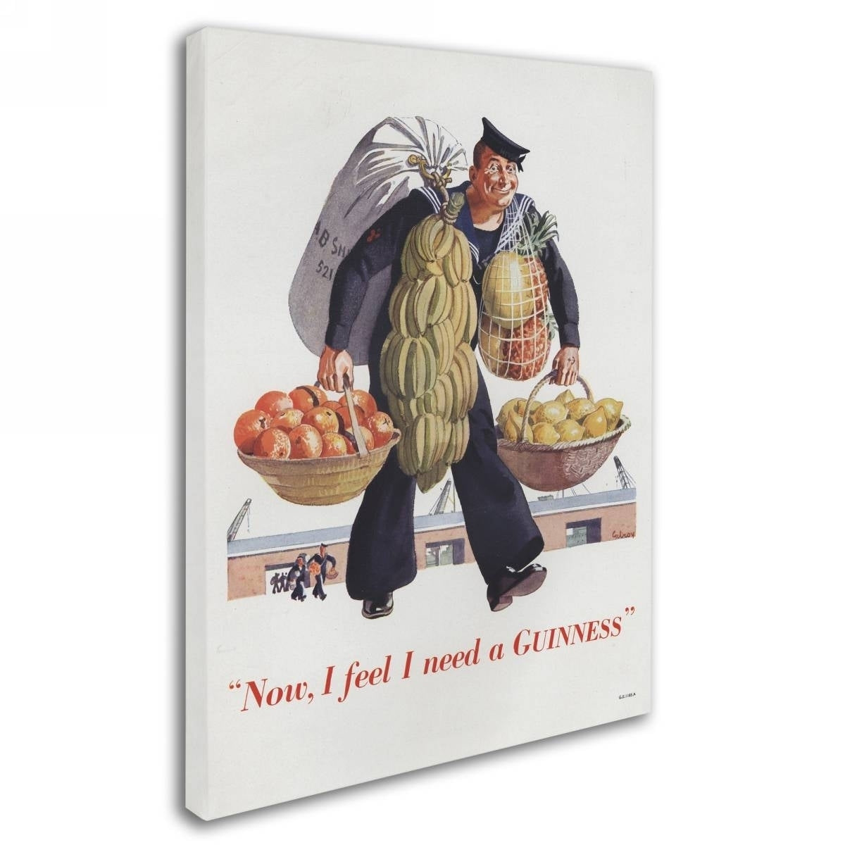 A Guinness Brewery 'Now I Feel I Need A Guinness' Canvas Art with a man carrying fruit and vegetables.