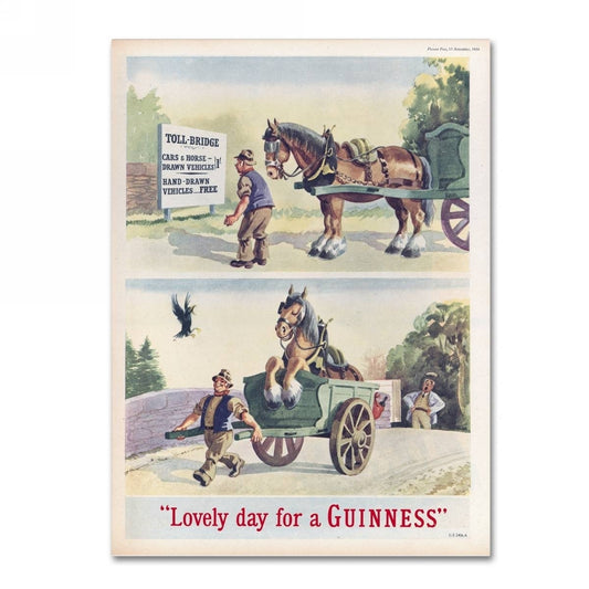 A Guinness Brewery 'Lovely Day For A Guinness XI' Canvas Art featuring a horse pulling a cart.