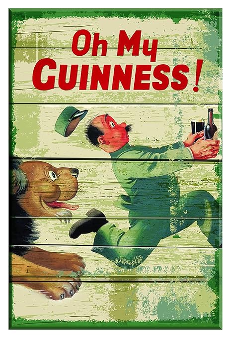 The Guinness Wooden Nostalgic Sign - Lion Zoo Keeper from the Guinness Webstore US features a man holding a bottle and pint of Guinness, pursued by a playful dog. The text above reads, "Oh My Guinness!" making it an ideal keepsake for any collector's space.