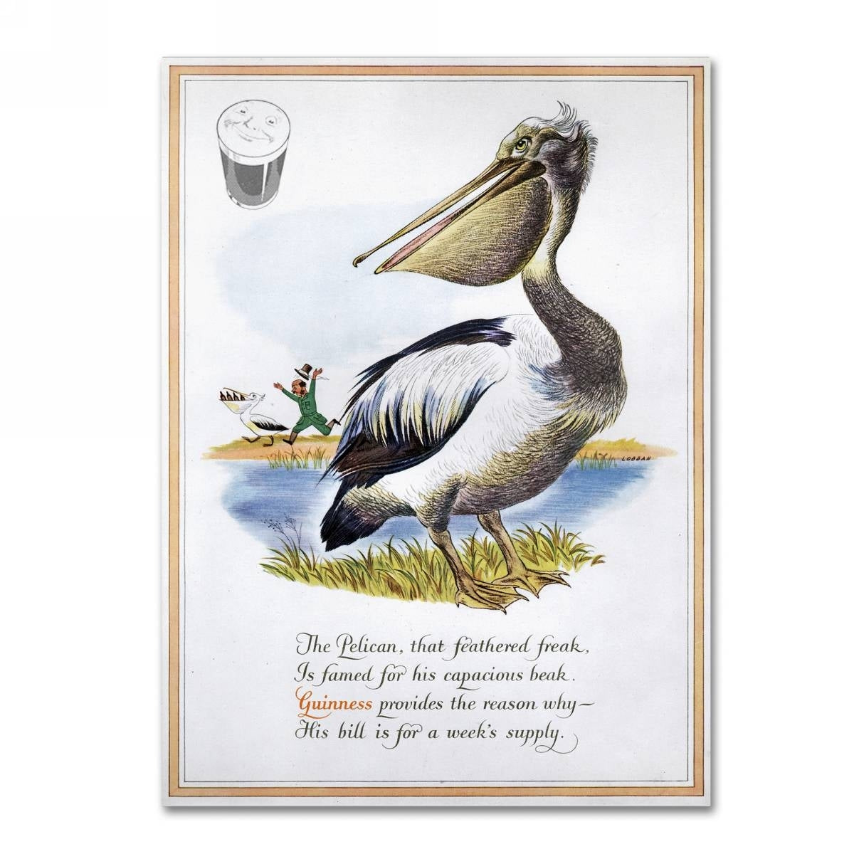 A Guinness Brewery 'Guinness Pelican' Canvas Art featuring a pelican enjoyably sipping on a glass of beer.