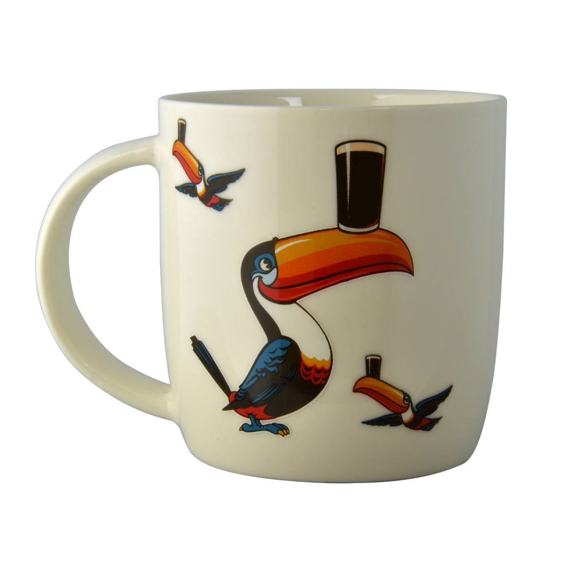A Guinness White Mug with Standing and Flying Toucans mug.