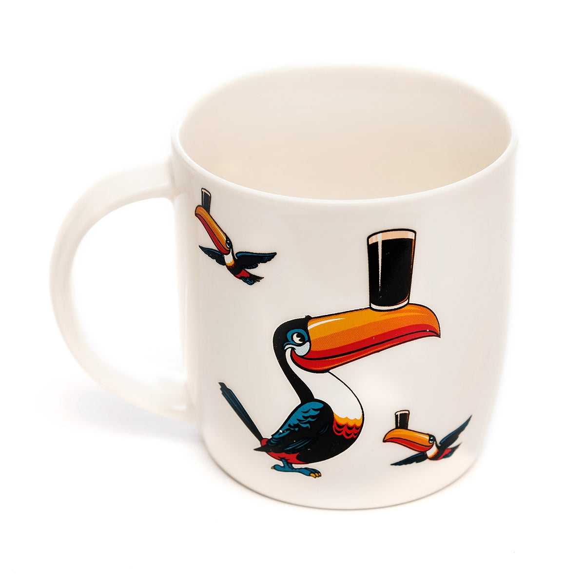 A Guinness White Mug with Standing and Flying Toucans.