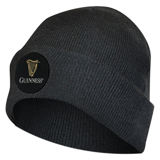 The Guinness® Black Label Beanie with the Guinness logo on it is made of acrylic.