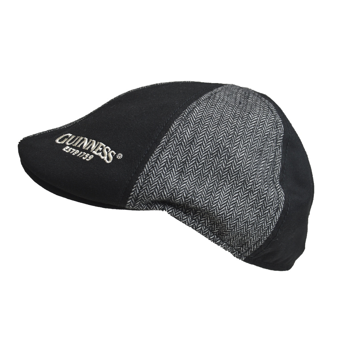Embroidered Guinness Paneled Ivy Cap in black and grey.