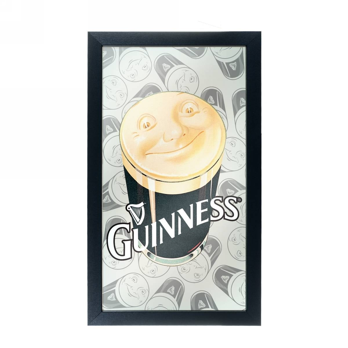 A Guinness Framed Mirror Wall Plaque 15 x 26 Inches - Smiling Pint with a smiley face on it, featuring a professional grade logo mirror.