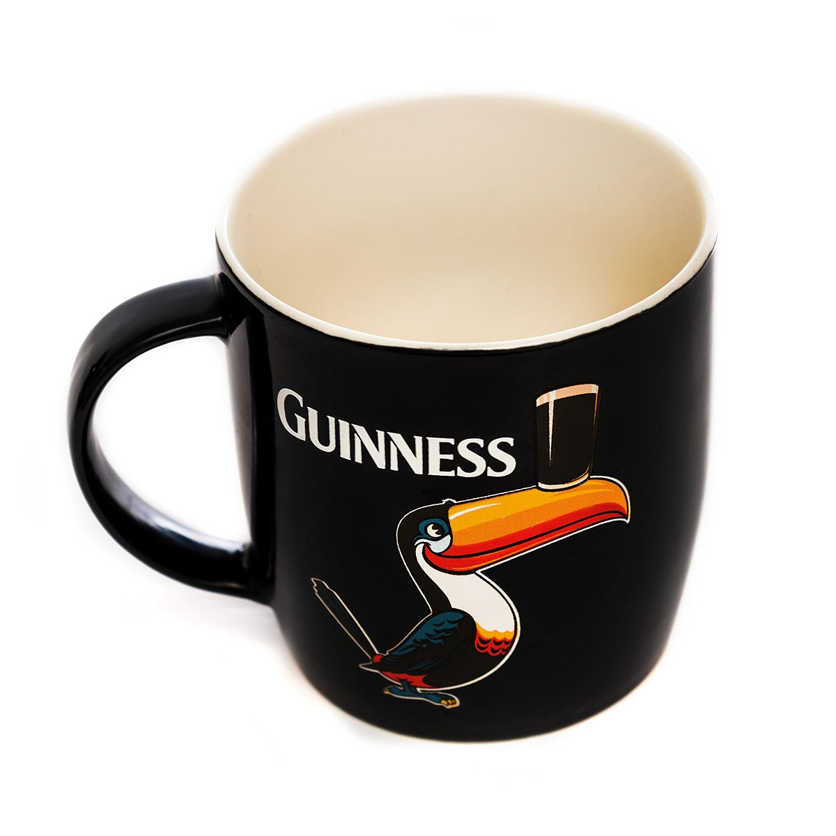 A Guinness Black Mug with Standing Toucan.