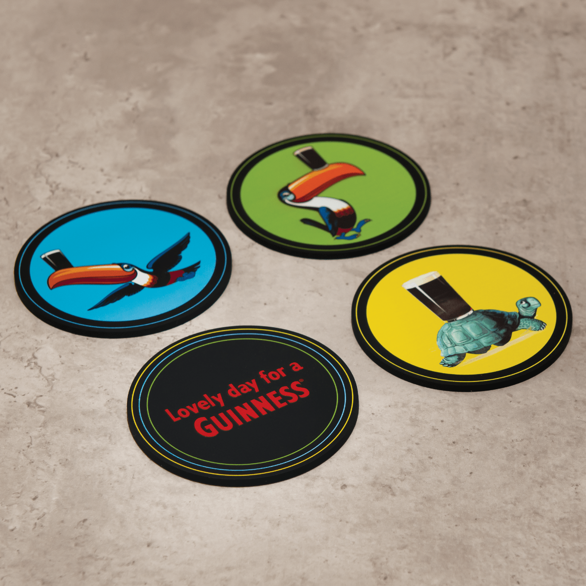 Set of 4 Guinness Ultimate Toucan Home Bar Pack coasters, perfect Guinness bar gift or merchandise.