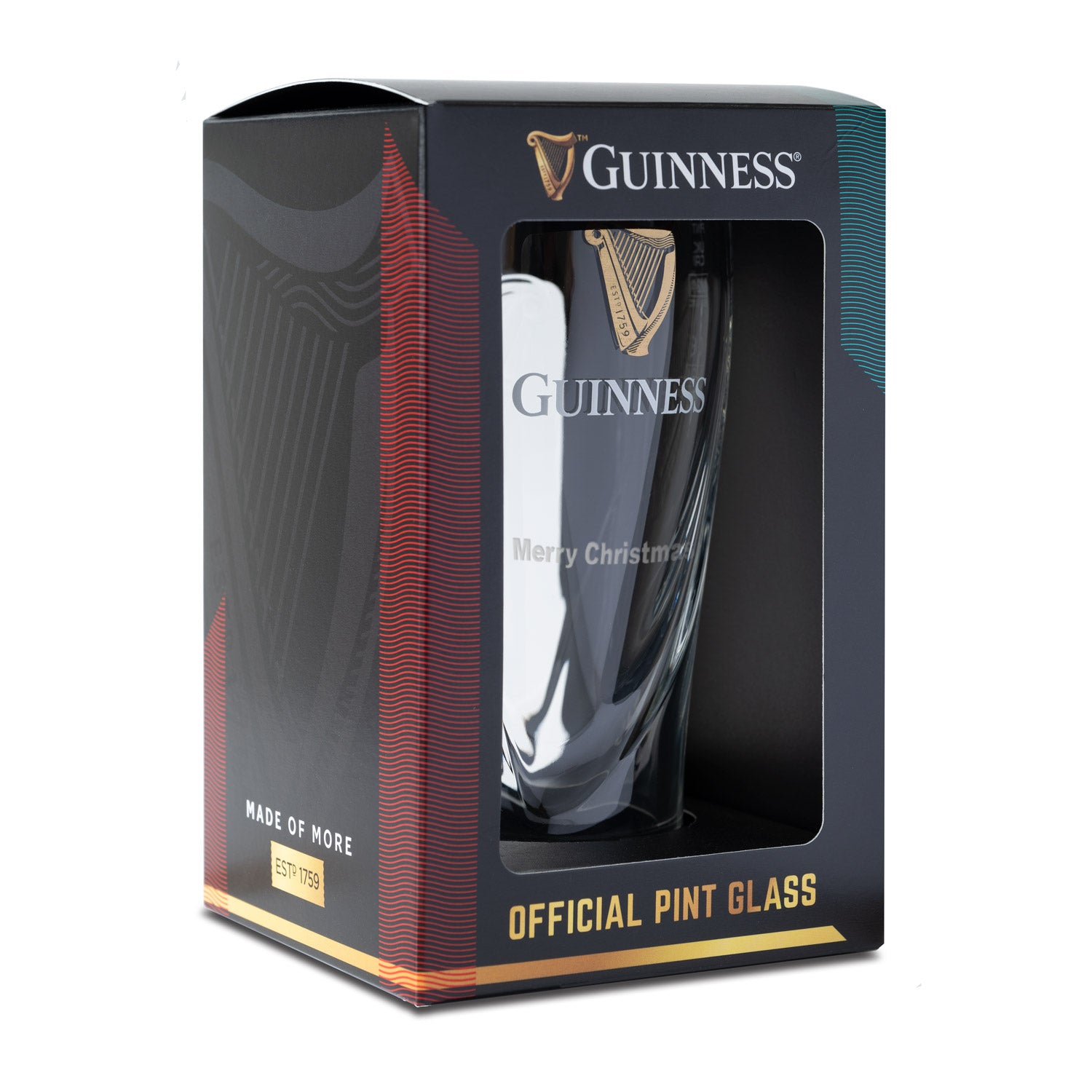 The Guinness Pint Glass, featuring the harp logo and "Merry Christmas," is presented in a decorative black box with a window. The box includes branding and the "Made of More" slogan.