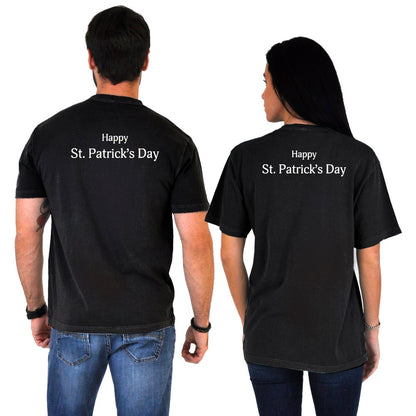 Two people sporting limited edition Guinness St. Patrick's Day Shamrock Pint Black Tee t-shirts.