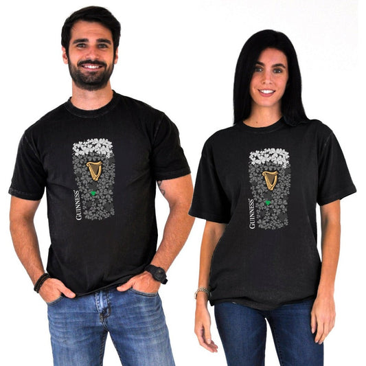 A man and woman wearing black t-shirts for Guinness St. Patrick's Day Shamrock Pint Black Tee.