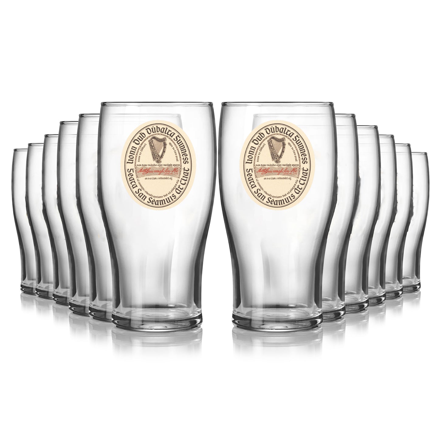 Enjoy your Extra Stout with the Guinness Vintage Label Pint Glass - 12 Pack from Guinness Webstore US—each glass features a harp logo and circular text design for an authentic experience.