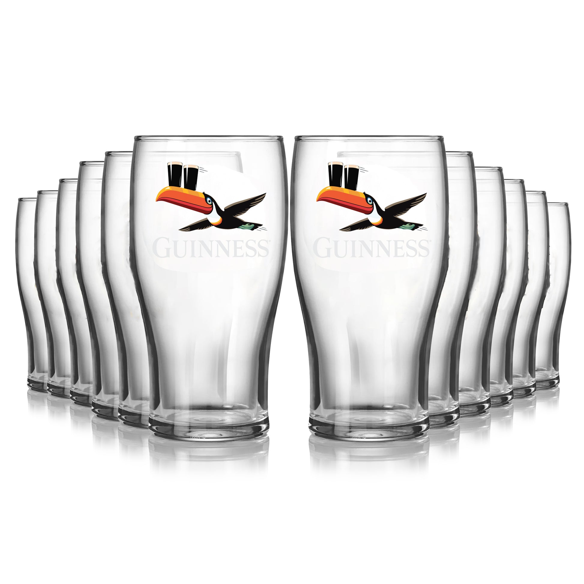 A 12-pack of Guinness Gilroy Flying Toucan Pint Glasses from Guinness Webstore US, each featuring the iconic flying toucan logo, is arranged in rows against a white background.