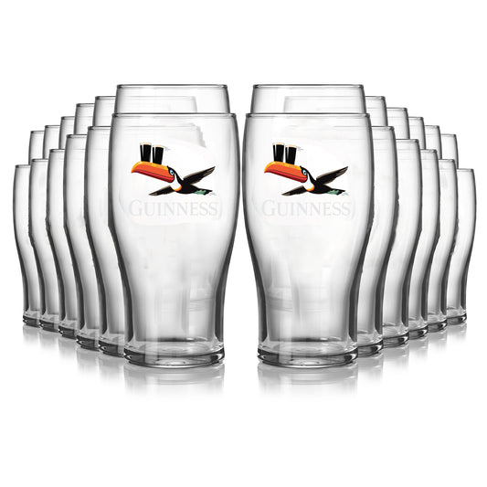 A 24-pack of Guinness Gilroy Flying Toucan Pint Glasses from the Guinness Webstore US, each glass featuring the iconic toucan logo and arranged in three rows.