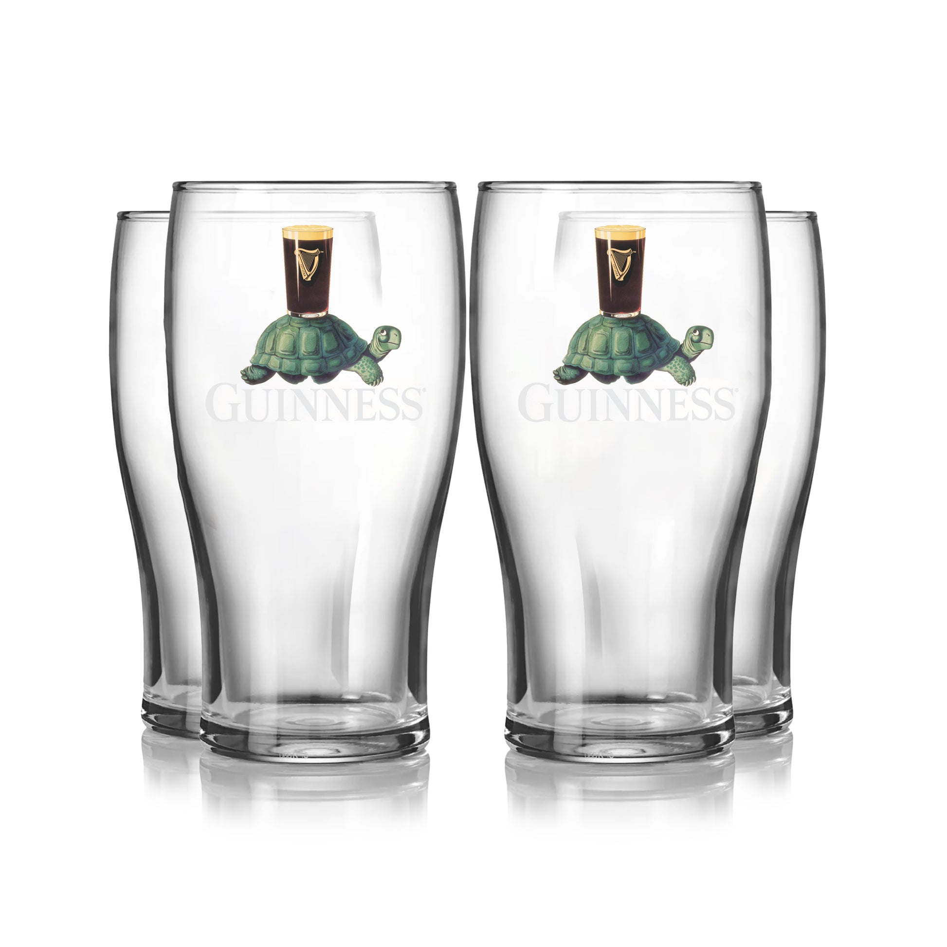 The Guinness Gilroy Tortoise Pint Glass - 4 Pack from Guinness Webstore US includes four clear 20oz glasses, each with the iconic Gilroy Tortoise carrying a pint of Guinness and "Guinness" printed below.