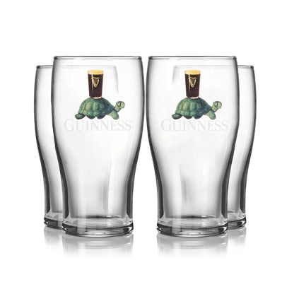 The Guinness Gilroy Tortoise Pint Glass - 4 Pack from Guinness Webstore US includes four clear 20oz glasses, each with the iconic Gilroy Tortoise carrying a pint of Guinness and "Guinness" printed below.