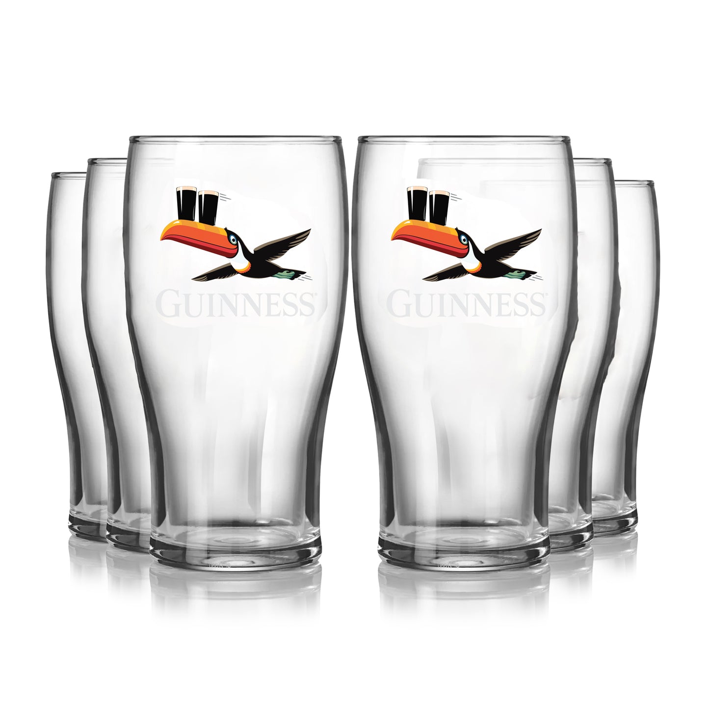 The Guinness Gilroy Flying Toucan Pint Glass - 6 Pack from Guinness Webstore US features six 20oz clear Tulip Glasses with the iconic toucan balancing two pints, arranged in two rows on a white background.
