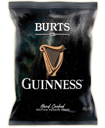 The 150g bag of Guinness Potato Chips provides a flavorful experience with its hand-cooked, vegan British potato chips. The packaging showcases a gold harp design set against a classic black background, offering an iconic snacking sensation.