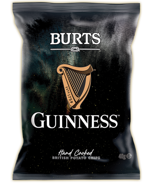 The 150g bag of Guinness Potato Chips provides a flavorful experience with its hand-cooked, vegan British potato chips. The packaging showcases a gold harp design set against a classic black background, offering an iconic snacking sensation.