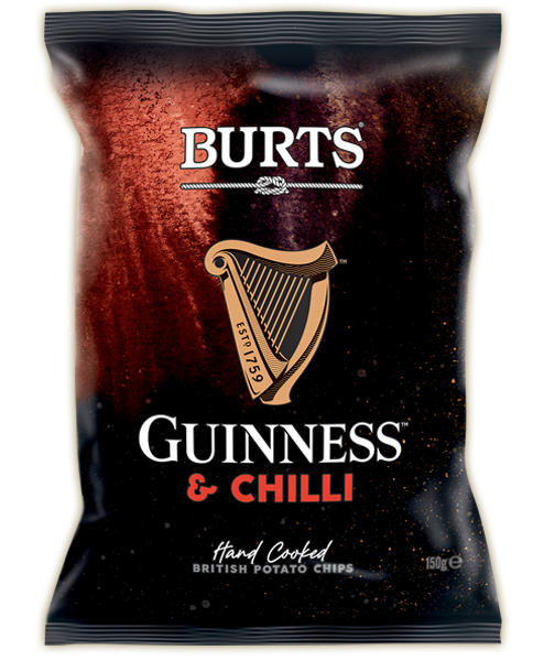 A 150g bag of Guinness Rich Chili Potato Chips, which are vegan and hand-cooked British potato chips.