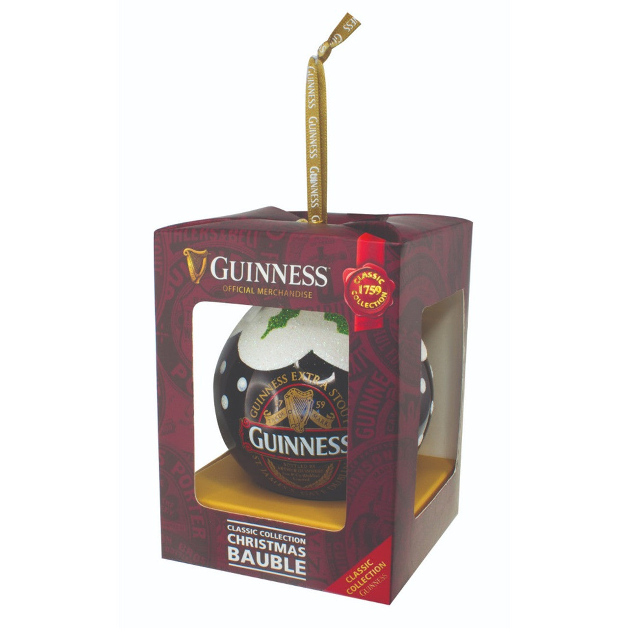 Guinness Classic Label Glass Bauble, featuring the distinguished logo and iconic harp design of the renowned Guinness brand, elegantly packaged as a festive ornament. This Christmas decoration enhances your holiday celebrations with sophistication.