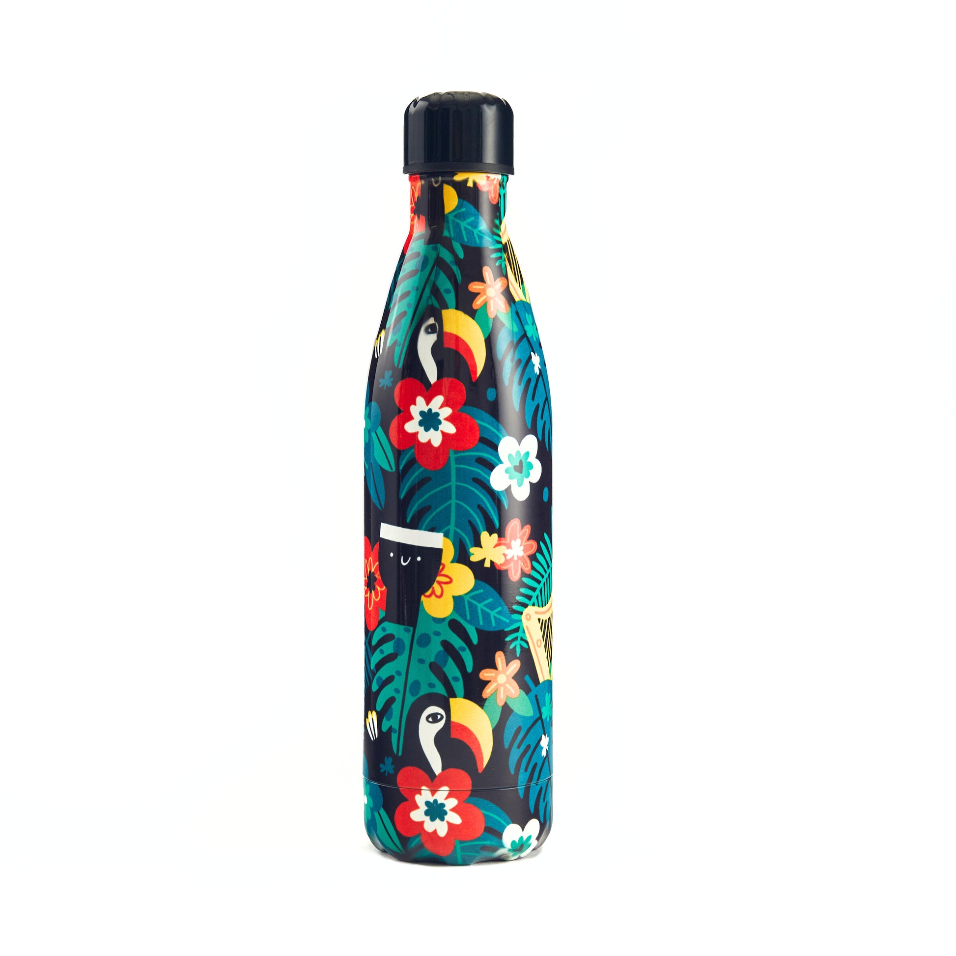 The Guinness x Fatti Burke Hawaiian Water Bottle by Guinness is a BPA-free, stainless steel flask with a black background featuring vibrant tropical leaves, red and yellow flowers, and toucan designs—stylish and eco-friendly.