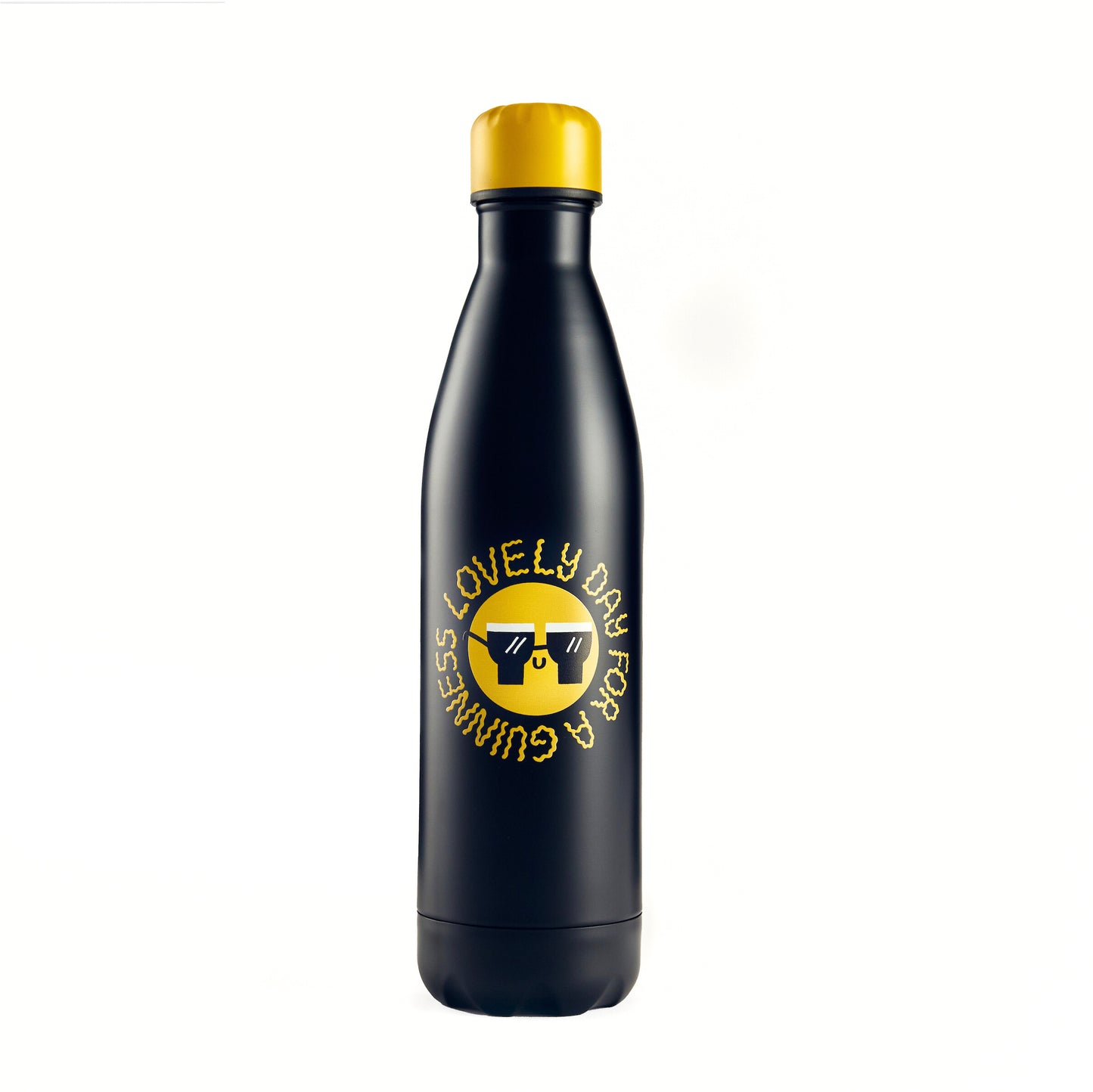 Enjoy the Guinness x Fatti Burke Lovely Day Bundle from Guinness Webstore US, which includes a black insulated water bottle with a yellow cap. The bottle features sunglasses and the phrase "LOVELY DAY FOR A GUINNESS" arranged in a circular design—an ideal addition to your favorite cooler bag or beach towel.