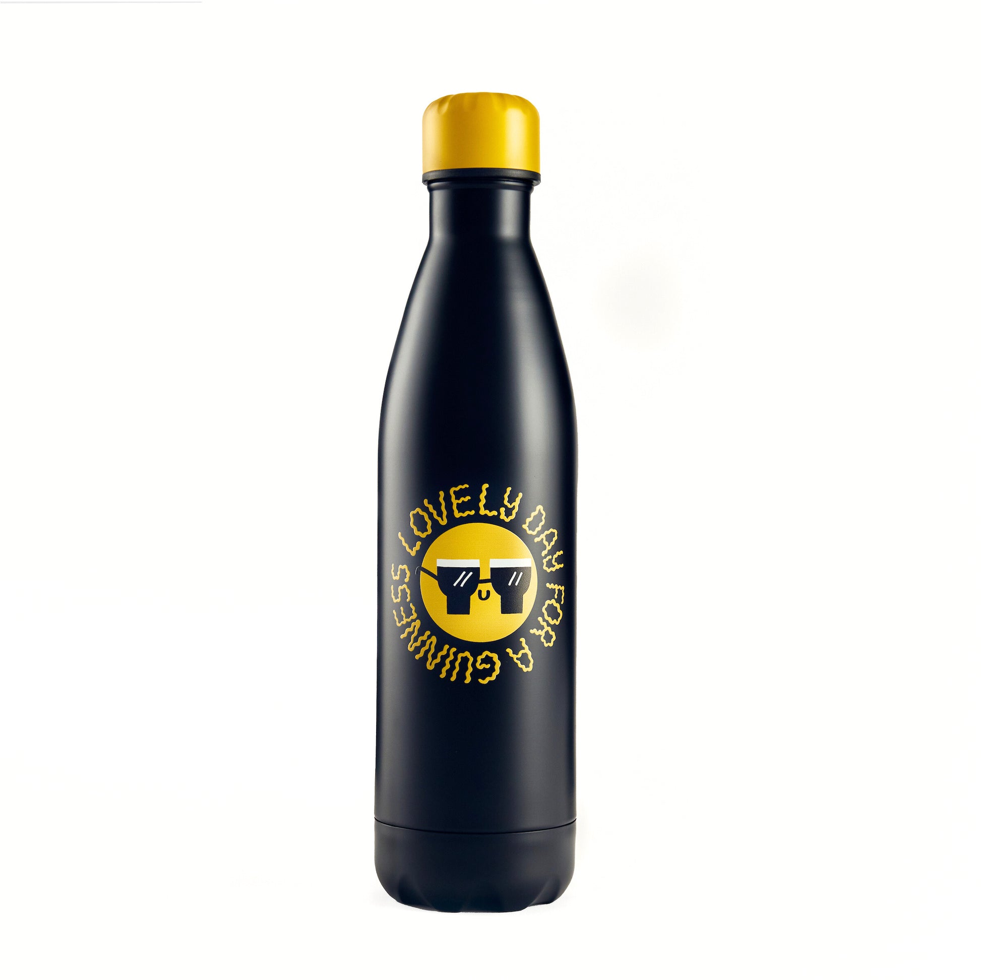 Enjoy the Guinness x Fatti Burke Lovely Day Bundle from Guinness Webstore US, which includes a black insulated water bottle with a yellow cap. The bottle features sunglasses and the phrase "LOVELY DAY FOR A GUINNESS" arranged in a circular design—an ideal addition to your favorite cooler bag or beach towel.