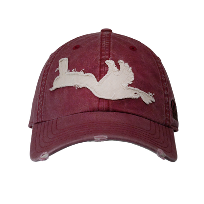 The Guinness Red Toucan Cap from Guinness Webstore US features a maroon red design with a frayed white patch and leaping deer, making it the ideal casual accessory for any Guinness enthusiast.
