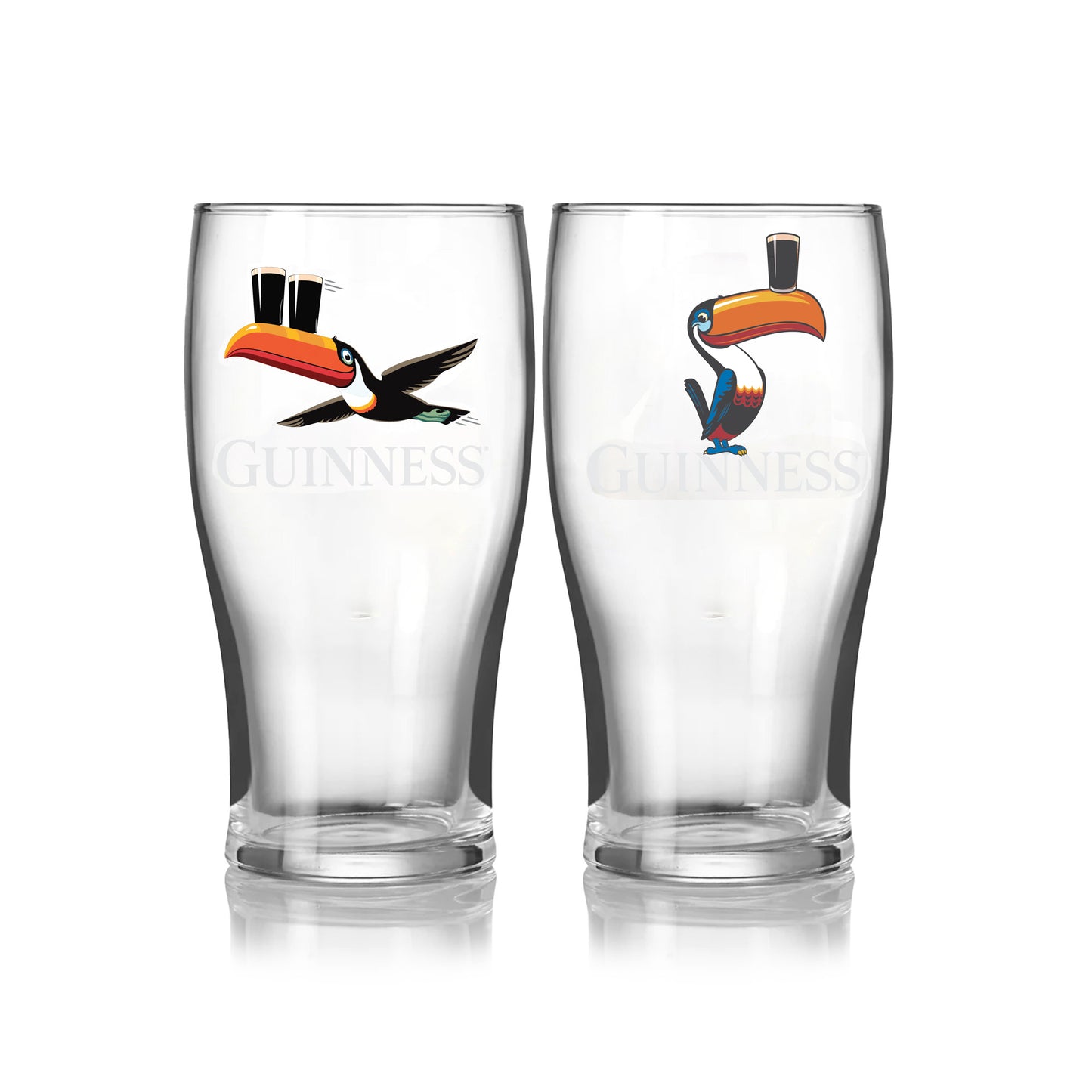 The Guinness Gilroy Toucan & Flying Toucan Glass Set from Guinness Webstore US includes two clear pint glasses with vibrant toucan designs, each balancing a pint—a great beer gift for any Guinness fan.
