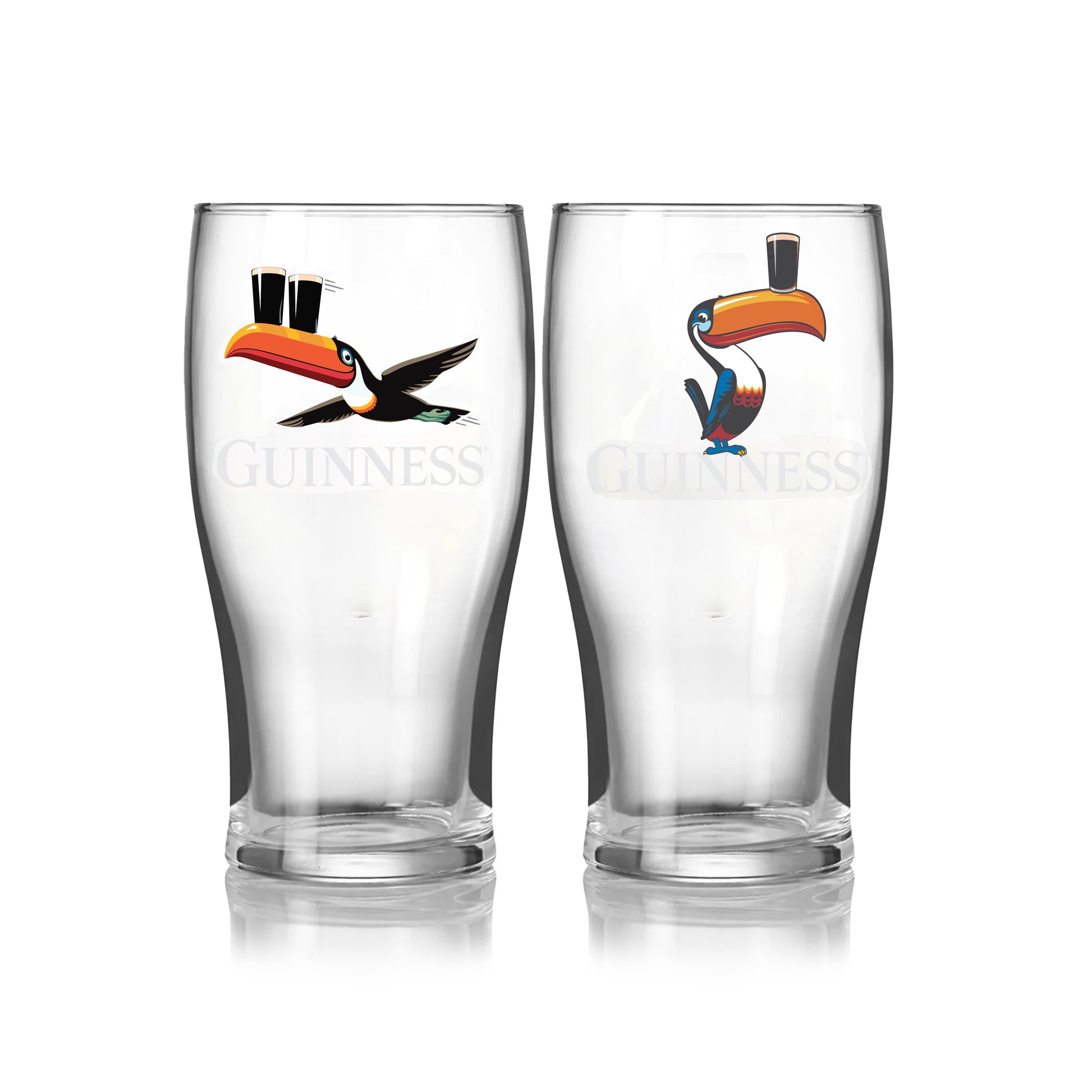 The Guinness Gilroy Toucan & Flying Toucan Glass Set from Guinness Webstore US includes two clear pint glasses with vibrant toucan designs, each balancing a pint—a great beer gift for any Guinness fan.