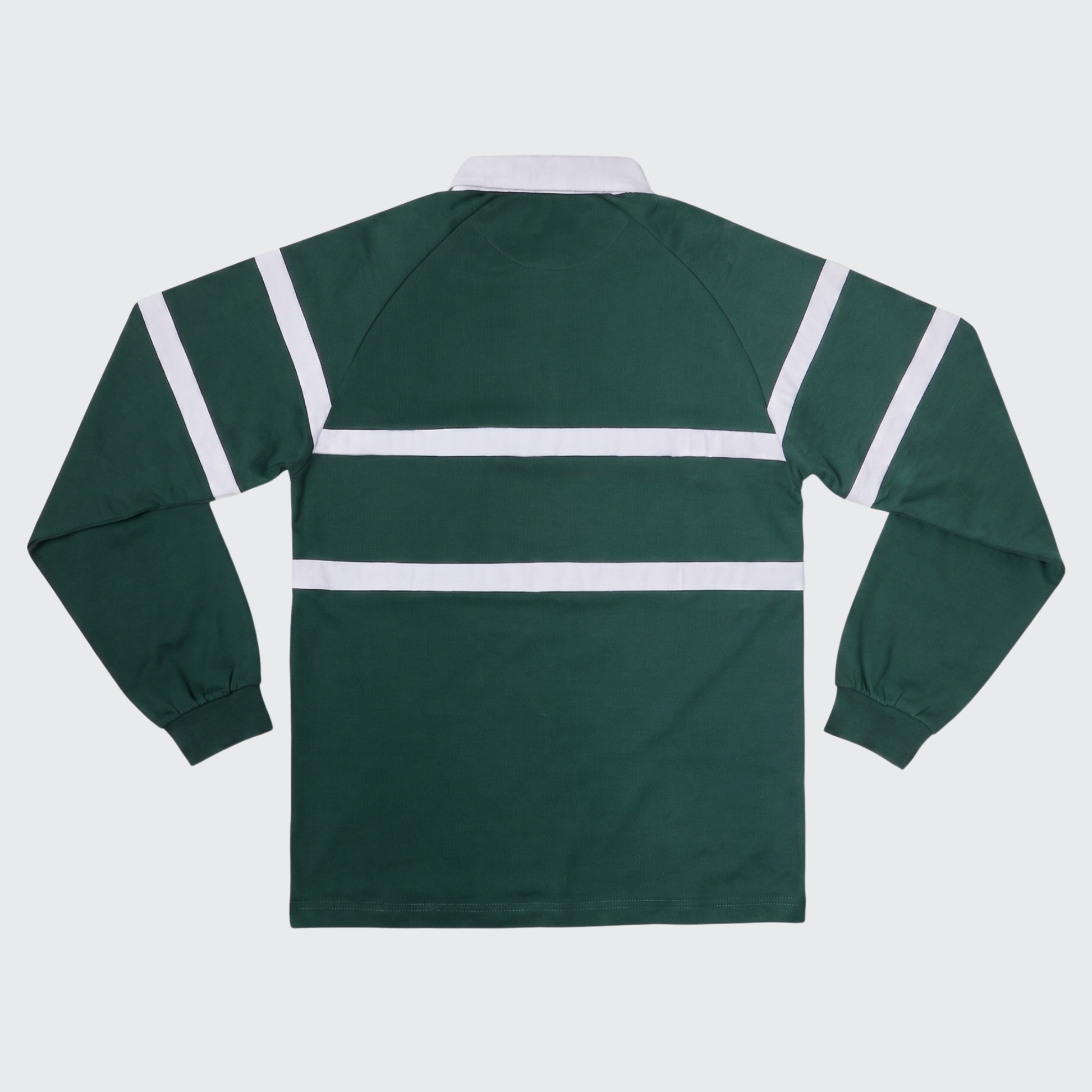 Guinness Green Traditional Rugby Jersey by Guinness, featuring long sleeves, white horizontal stripes, and a classic white collar, shown flat with the back facing up.
