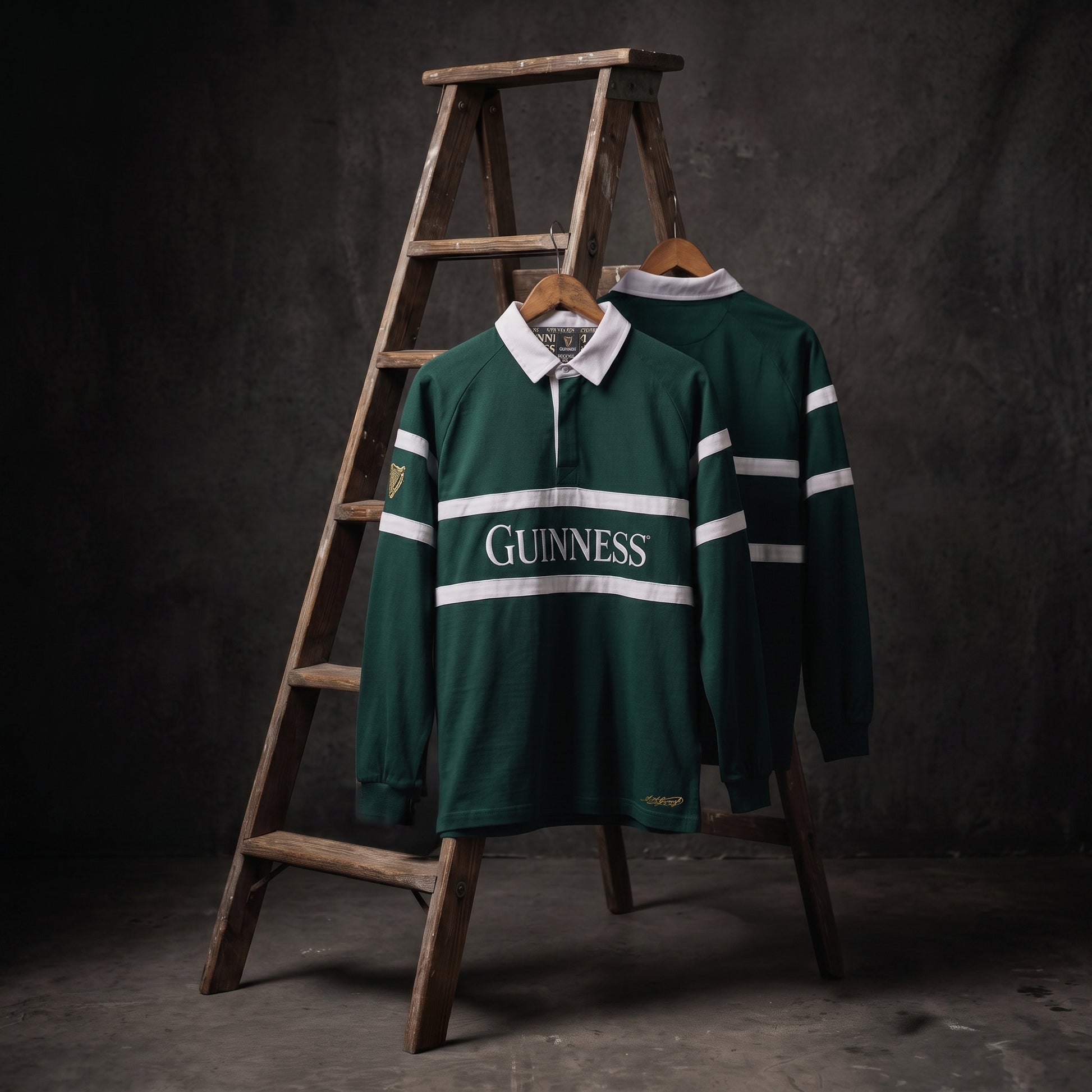 Two Guinness Green Traditional Rugby Jerseys featuring white stripes and iconic Guinness branding hang on a wooden ladder against a dark, textured background.