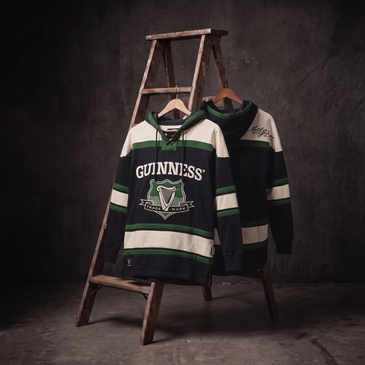 Two Guinness Green Hockey Style Hooded Sweatshirts, featuring the iconic “Guinness” name and harp logo in green, black, and cream, hang on a wooden ladder against a dark, textured background—a perfect showcase of distinctive Guinness merchandise.
