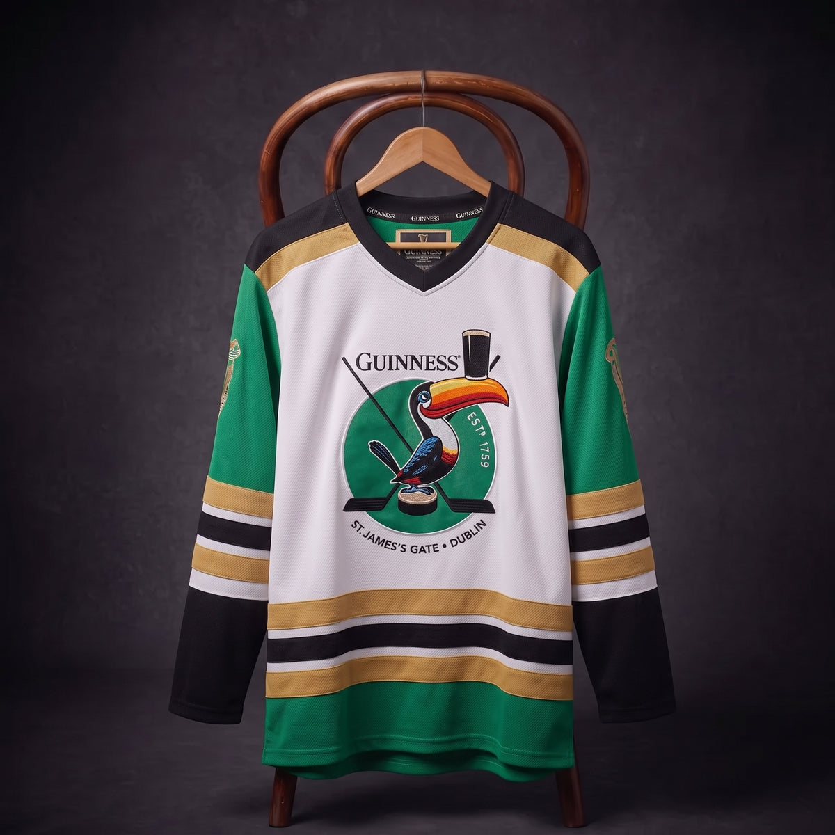 The Guinness Toucan Hockey Jersey by Guinness is a sustainable jersey in green, white, and gold made from recycled polyester. It features a bold Guinness Toucan logo with crossed hockey sticks and the text “St. James’s Gate, Dublin,” and is shown displayed on a wooden hanger and chair.