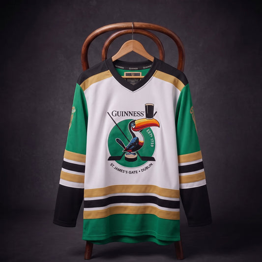 The Guinness Toucan Hockey Jersey by Guinness is a sustainable jersey in green, white, and gold made from recycled polyester. It features a bold Guinness Toucan logo with crossed hockey sticks and the text “St. James’s Gate, Dublin,” and is shown displayed on a wooden hanger and chair.